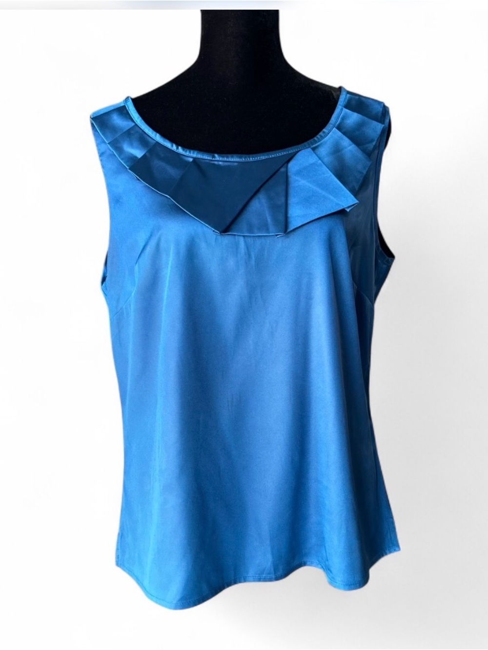 KASPER Blue Sleeveless Top 8, With Ruffle Neck-Line